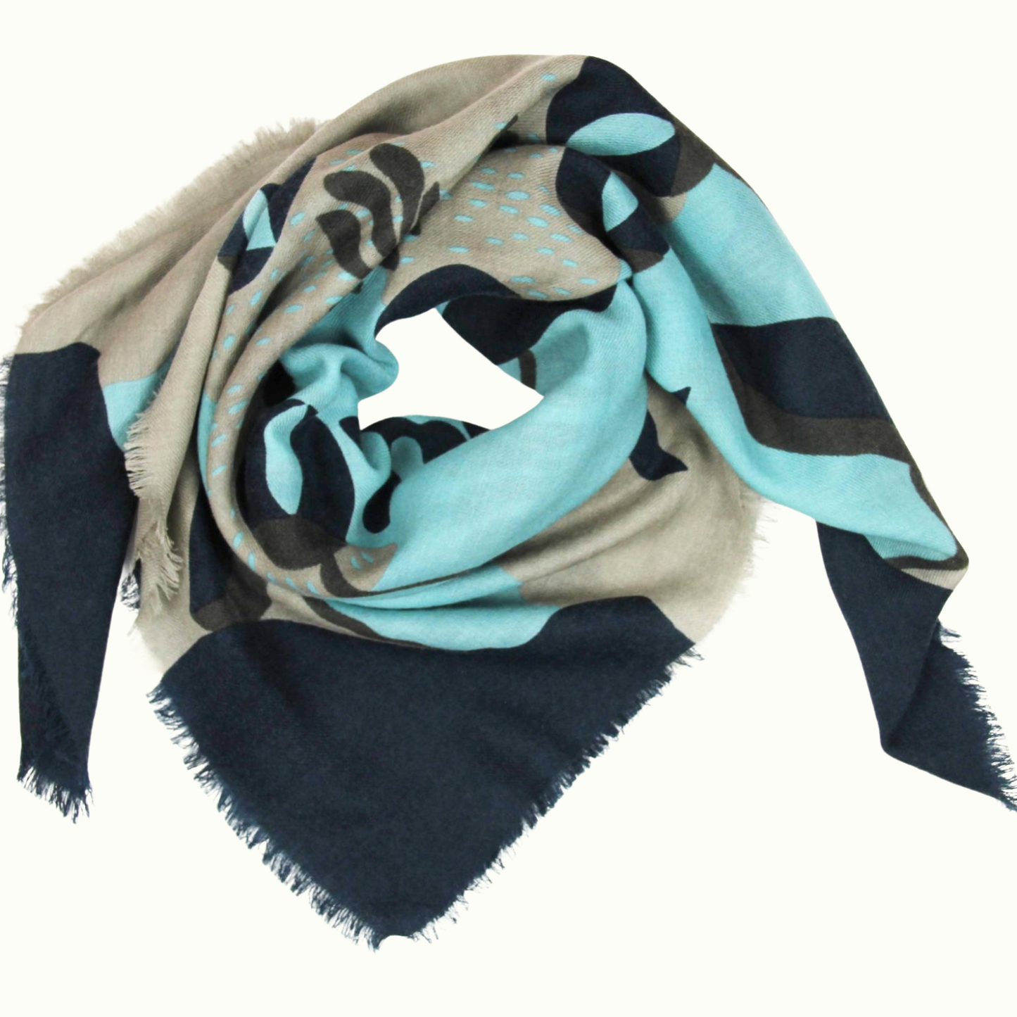 Carré Laine Abysse Bleu de la marque Les Belles Vagabondes, 100% Laine, Fabrication artisanale en Inde, Dessiné à la main en France