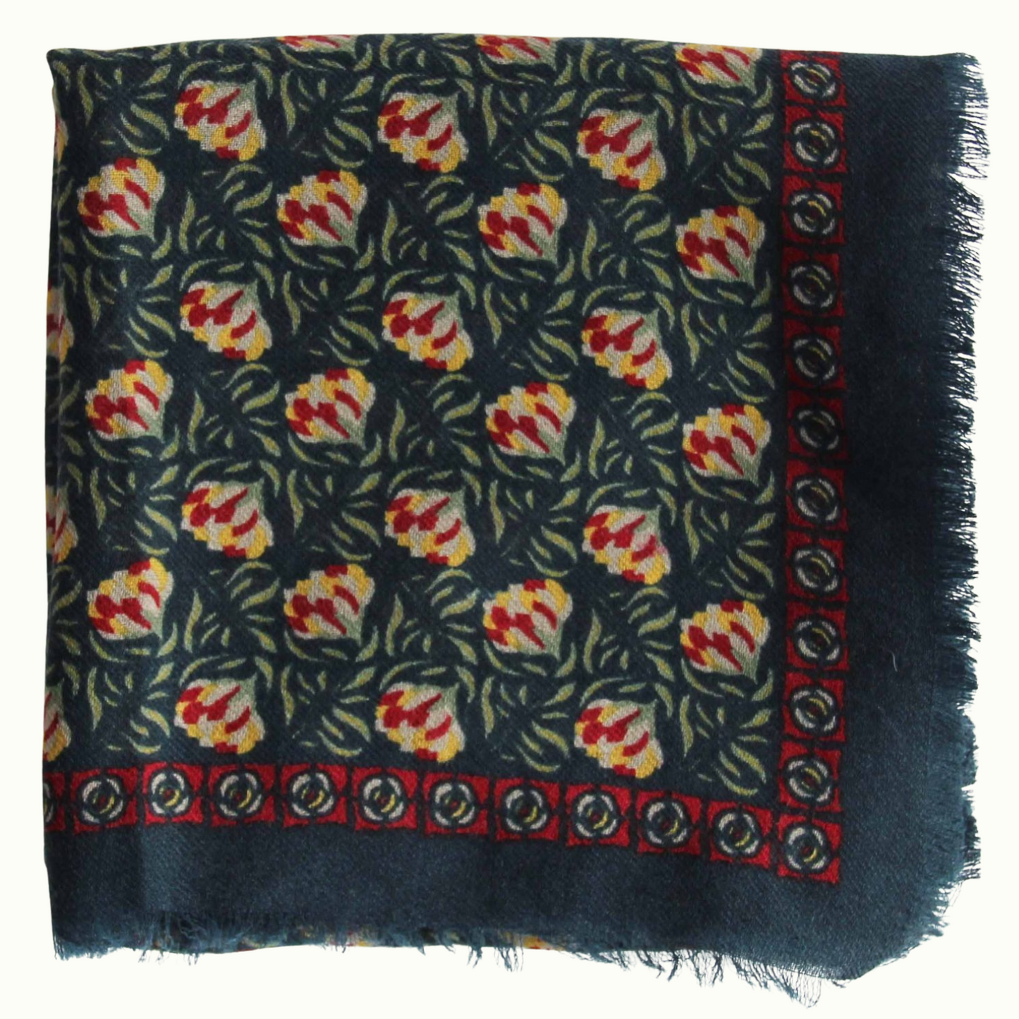Carré Laine Poème Bleu Marine de la marque Les Belles Vagabondes. 100% Laine, 100 x 100 cm, Dessiné en France, Fabrication artisanale en Inde