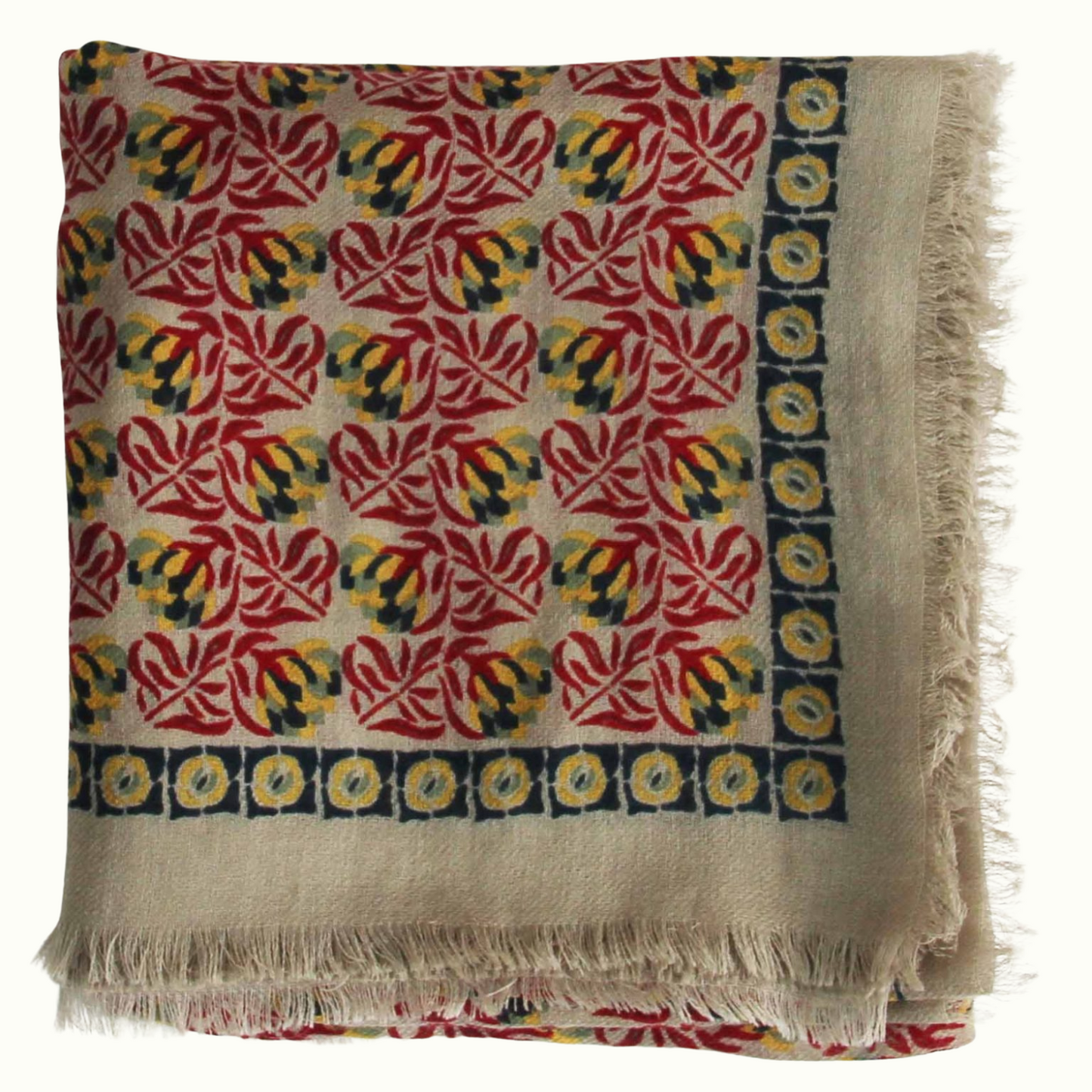 Carré Laine Poème Rouge de la marque Les Belles Vagabondes. 100% Laine, 100 x 100 cm, Dessiné en France, Fabrication artisanale en Inde