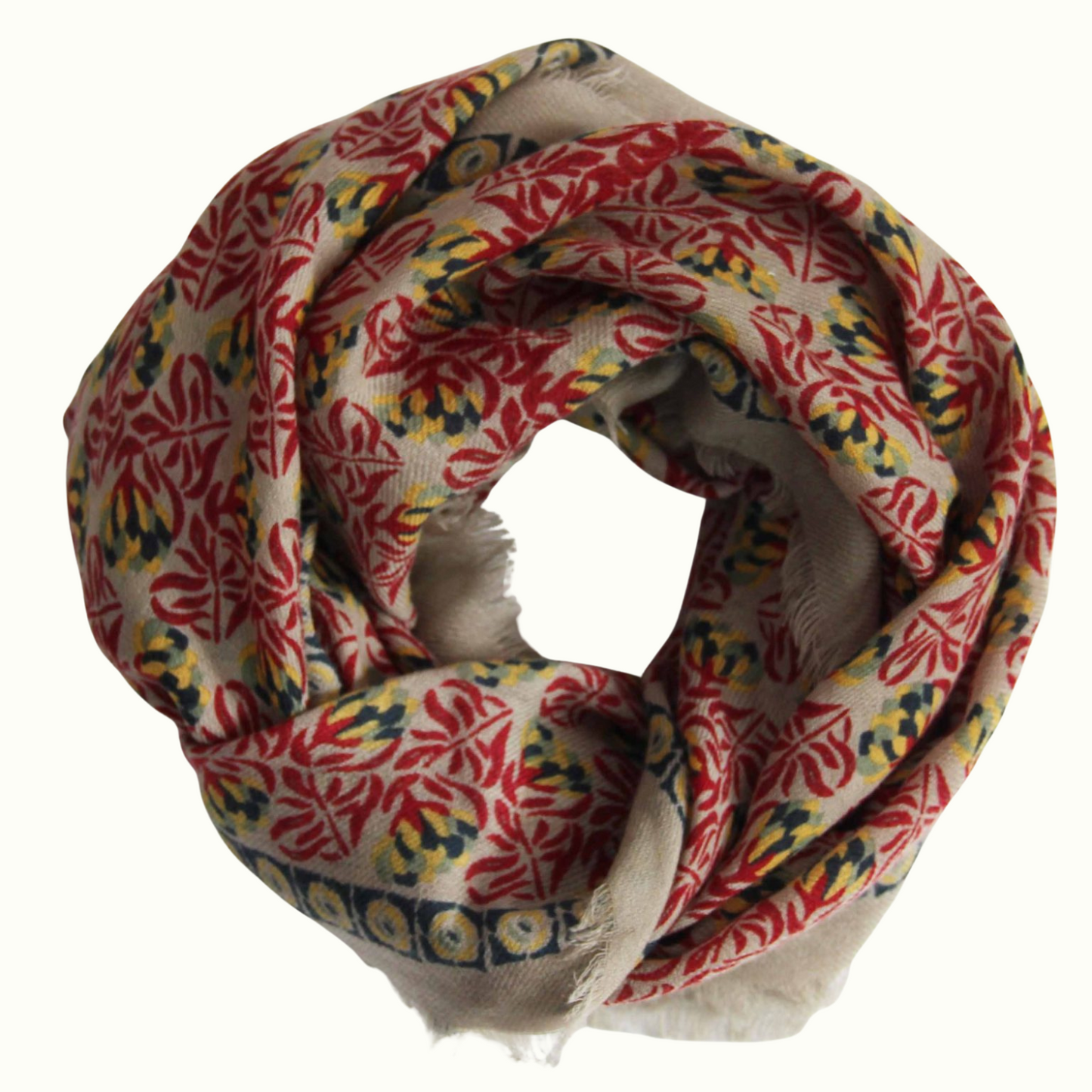 Carré Laine Poème Rouge de la marque Les Belles Vagabondes. 100% Laine, 100 x 100 cm, Dessiné en France, Fabrication artisanale en Inde