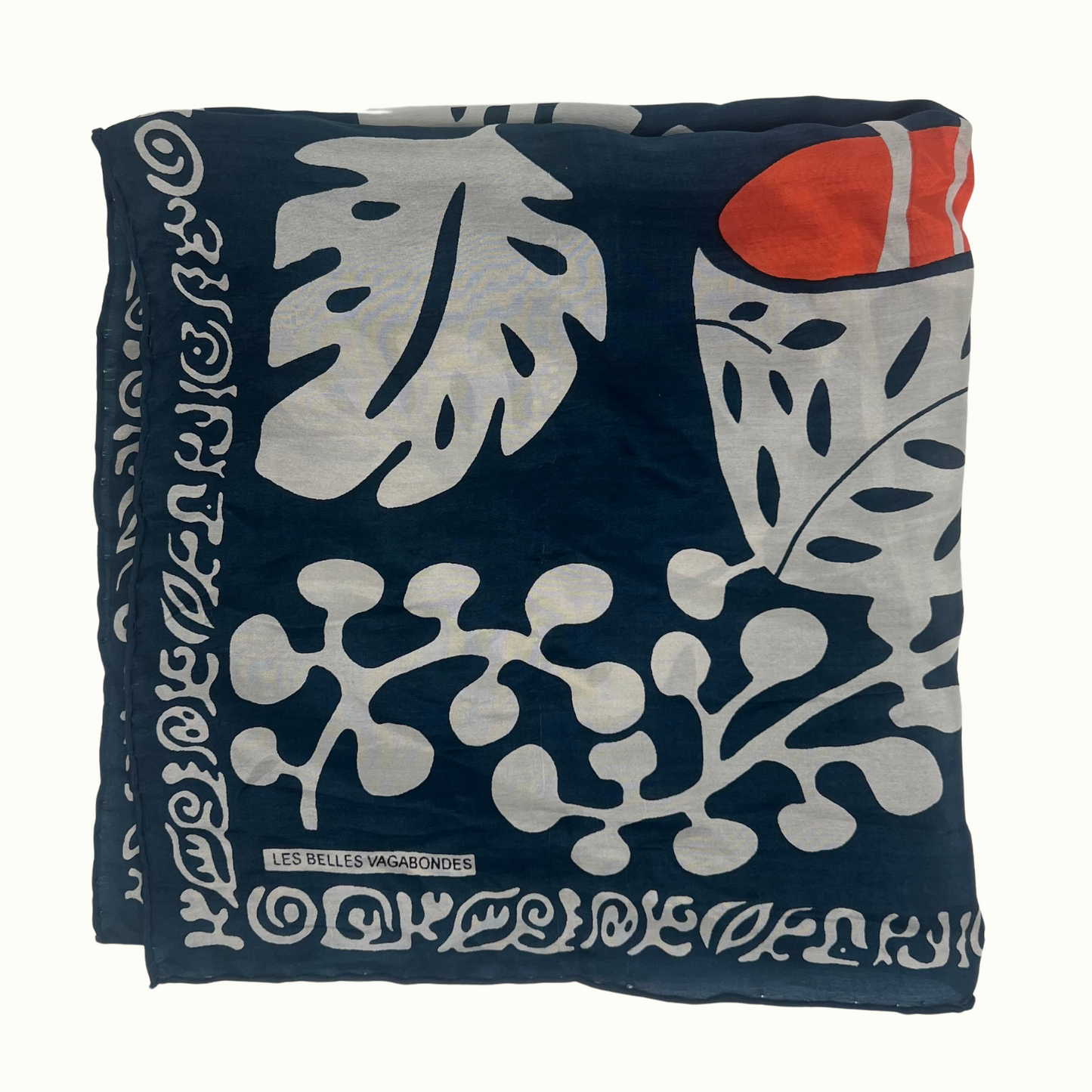 Mini Foulard Arum Bleu Marine de la marque Les Belles Vagabondes, 100% Soie, Made In India, Dessiné en France