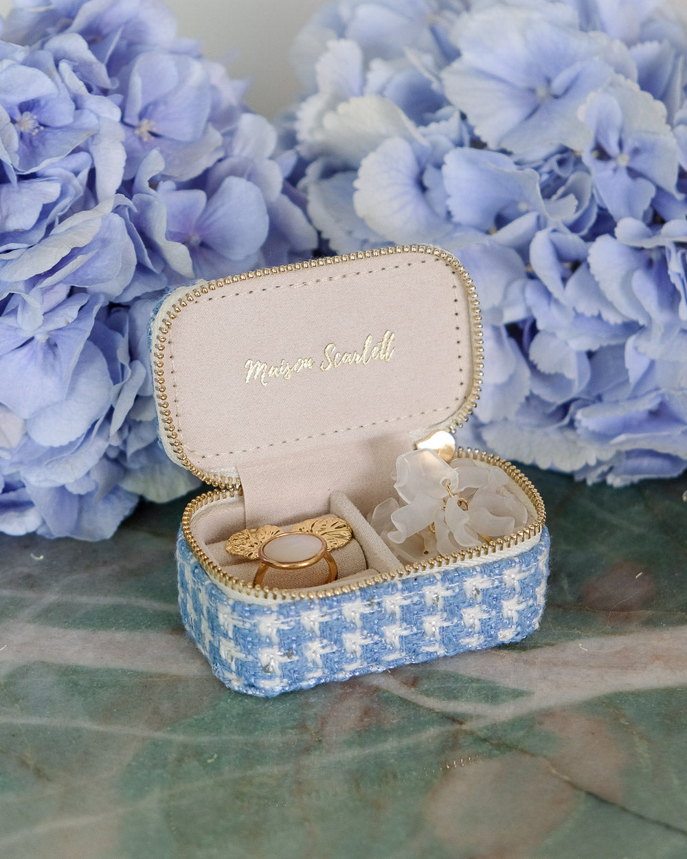 Mini boîte à bijoux Marie Maison Scarlett, Boîte à bijoux de voyage, Pied de poule , Bleu clair, A emporter dans son sac