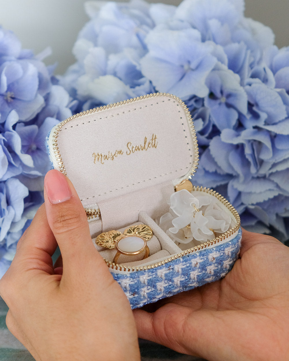 Mini boîte à bijoux Marie Maison Scarlett, Boîte à bijoux de voyage, Pied de poule , Bleu clair, A emporter dans son sac