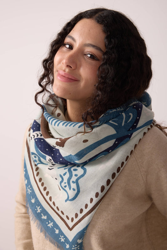 FOULARD LAINE TIGER IN THE PALMERAIE BLEU ORAGE Maradji