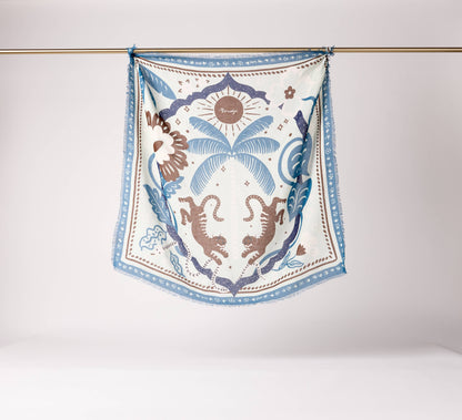 FOULARD LAINE TIGER IN THE PALMERAIE BLEU ORAGE Maradji