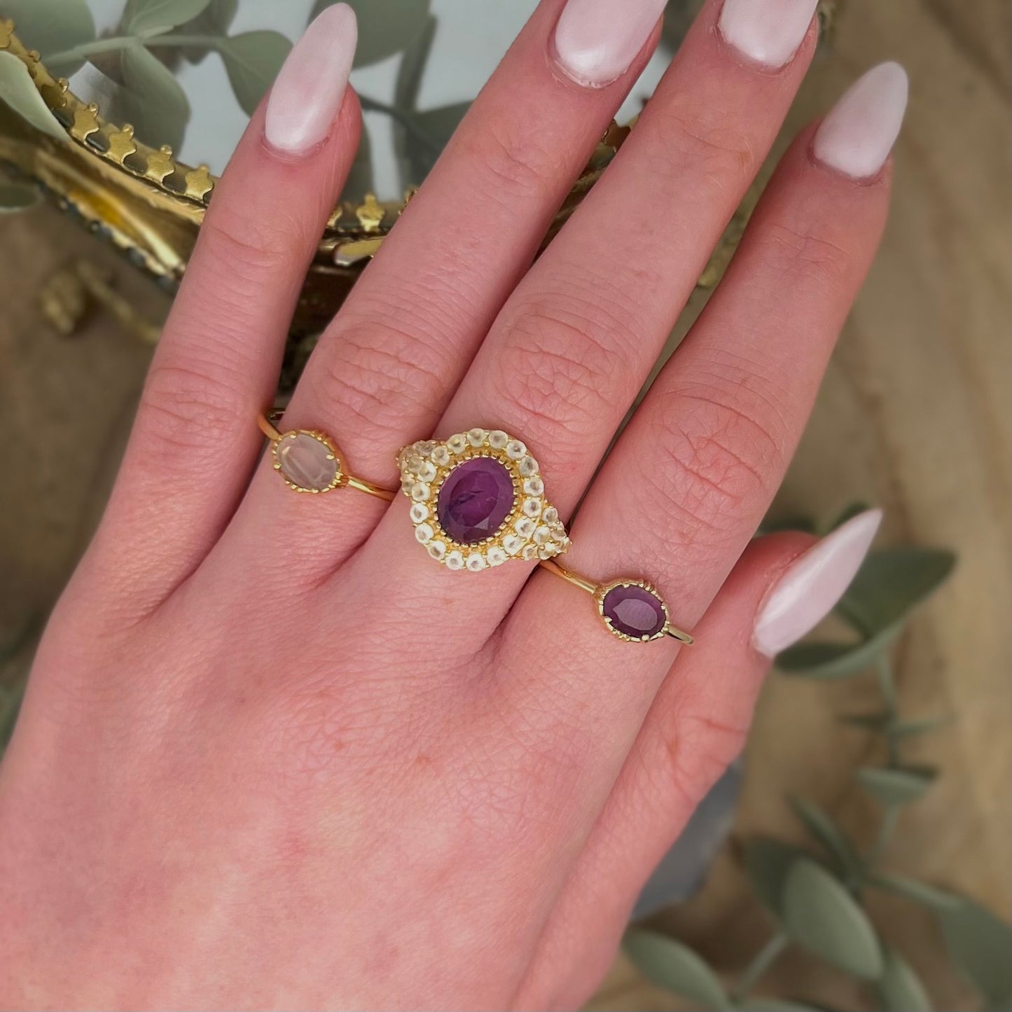 Bague Maria, améthyste et préhnite, au fil de lo