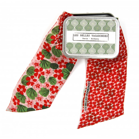 Bandeau de soie Petale, bandeau en soie Les belles vagabondes, bandeau cheveux, bandeau pour femmes, accessoire cheveux, bandeau en soie orange, bandeau avec des fleurs, compléter son look, accessoire tour du cou, bandeau tour du cou.