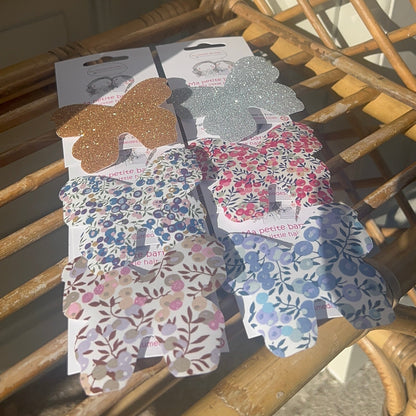 Barrette papillon motif liberty ou à paillette, de la marque Au royaume des filles, Fabriqué à la main en france