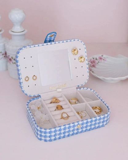 Boîte à bijoux Maison Scarlett, Modèle Brigitte, Pied de poule, bleu clair , boîte à bijoux de voyage , Boîte de rangement bijoux, A emporter dans sa valise