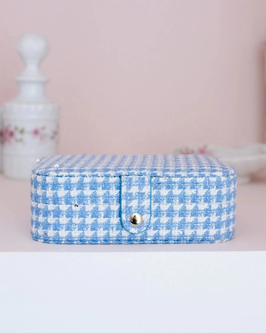 Boîte à bijoux Maison Scarlett, Modèle Brigitte, Pied de poule, bleu clair , boîte à bijoux de voyage , Boîte de rangement bijoux, A emporter dans sa valise