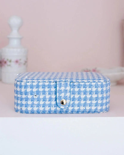 Boîte à bijoux Maison Scarlett, Modèle Brigitte, Pied de poule, bleu clair , boîte à bijoux de voyage , Boîte de rangement bijoux, A emporter dans sa valise