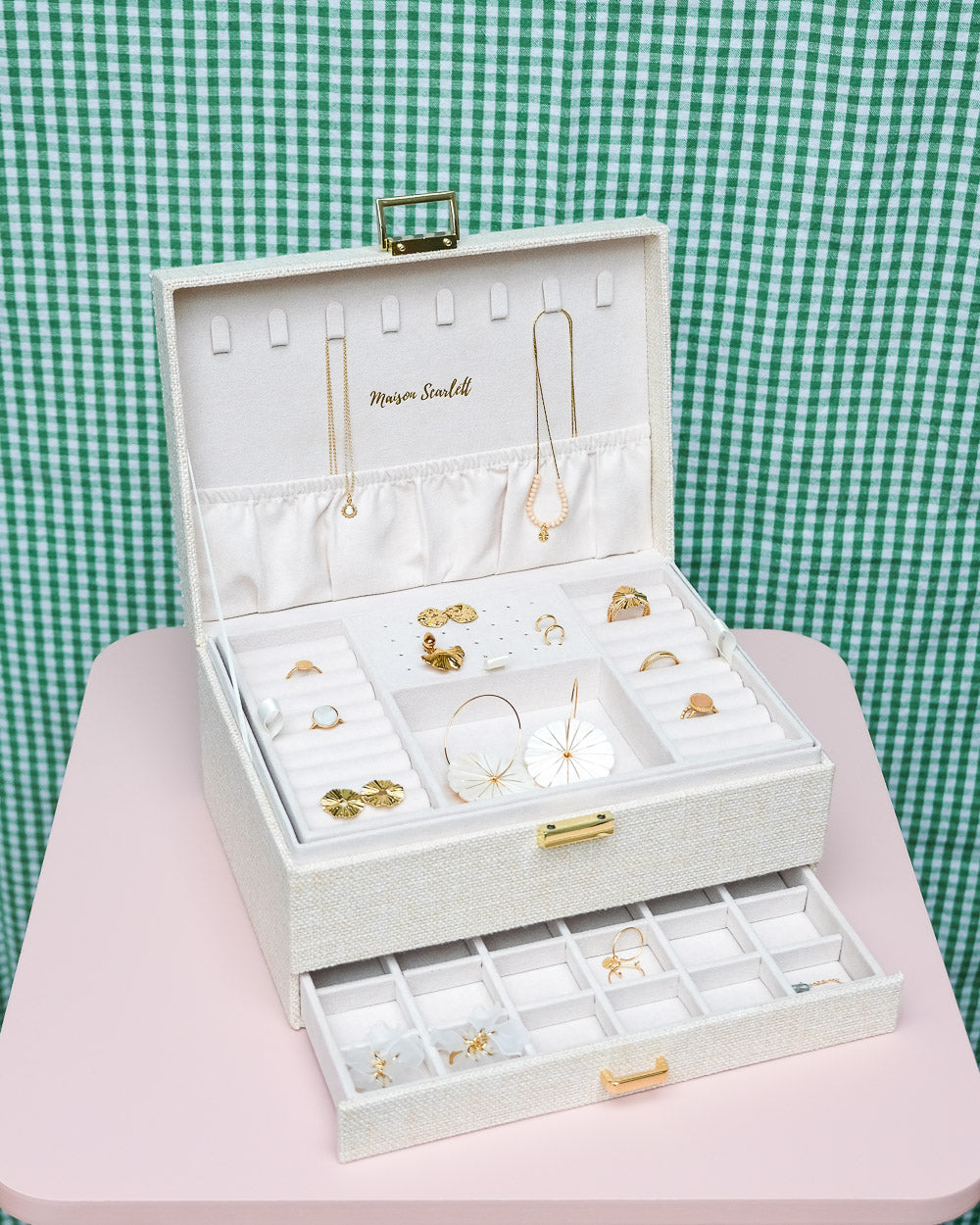 Boîte à bijoux Maison Scarlett, Modèle Denise, Lin beige , Grande capacité de rangement, Boîte de rangement bijoux