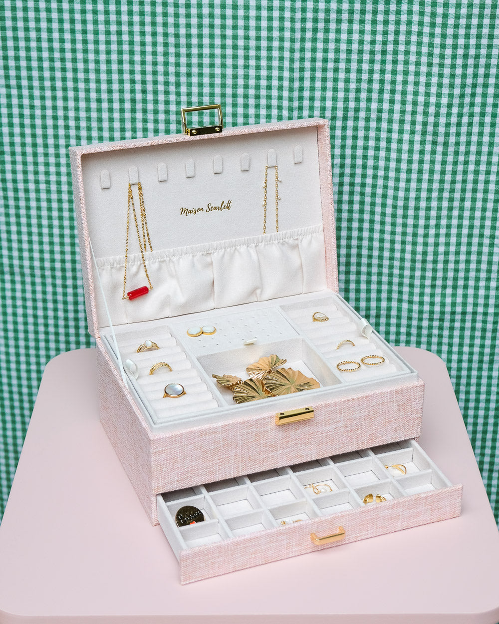 Boîte à bijoux Maison Scarlett, Modèle Denise, Lin rose , Grande capacité de rangement, Boîte de rangement bijoux