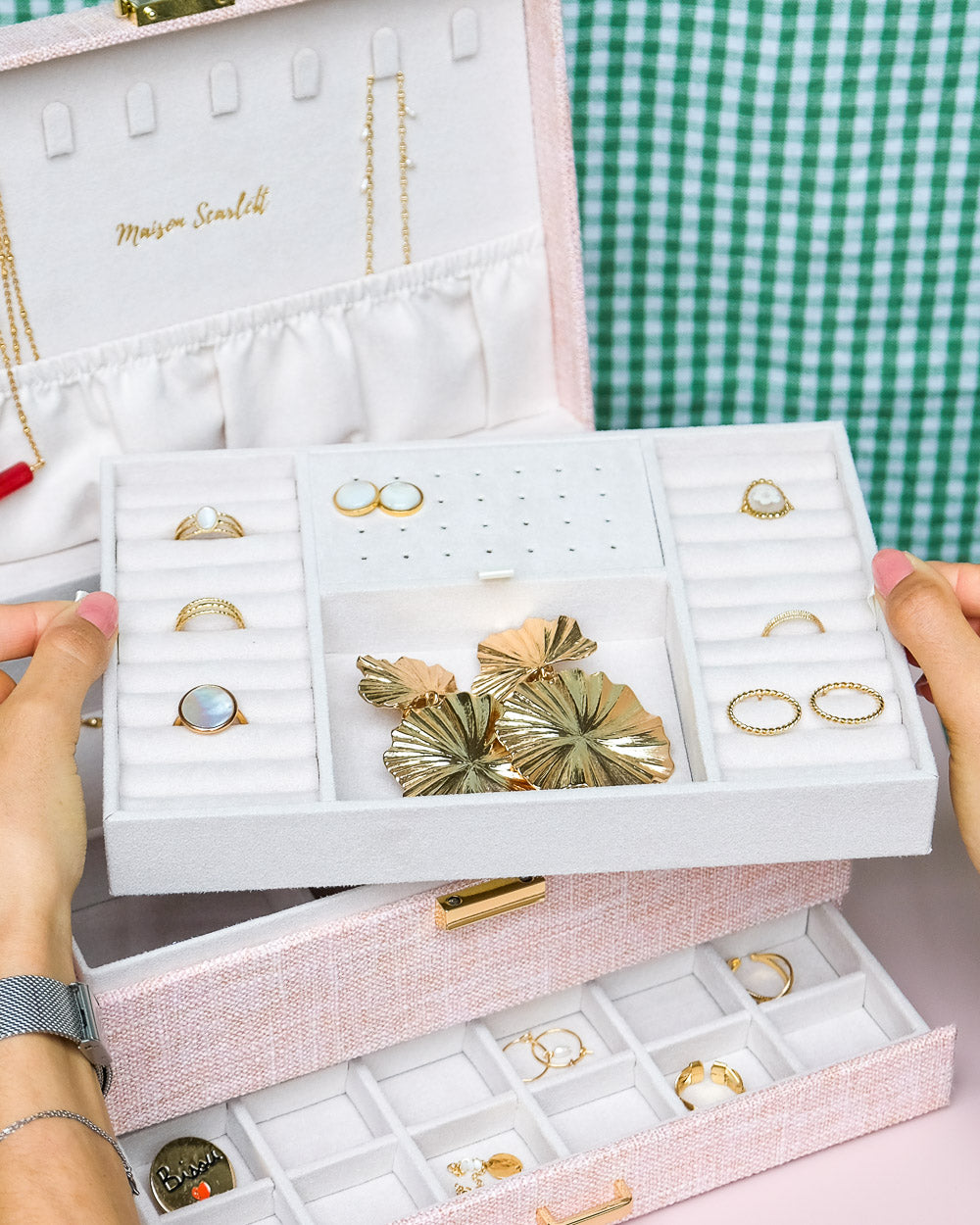 Boîte à bijoux Maison Scarlett, Modèle Denise, Lin rose , Grande capacité de rangement, Boîte de rangement bijoux