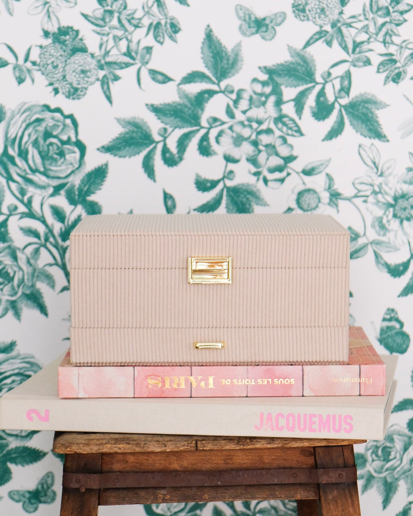 Boîte à bijoux Maison Scarlett, Modèle Denise, Velours côtelés beige, Grande capacité de rangement, Boîte de rangement bijoux