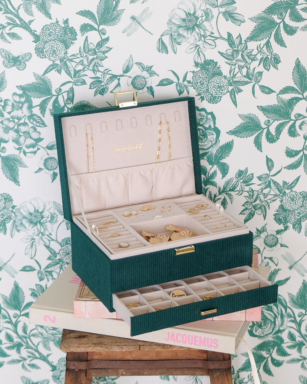 Boîte à bijoux Maison Scarlett, Modèle Denise, Velours côtelé vert , Grande capacité de rangement, Boîte de rangement bijoux