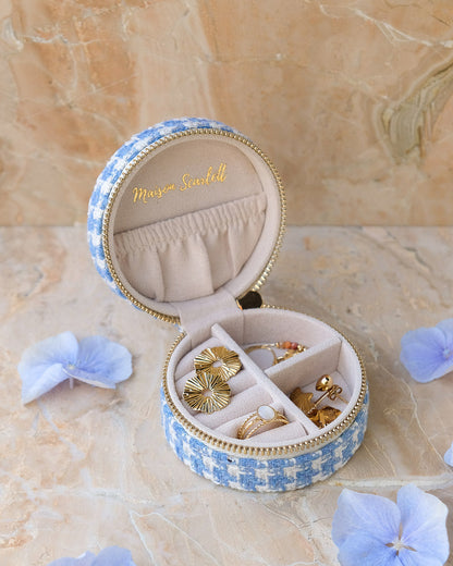 Boîte à bijoux Maison Scarlett, Modèle Yvonne, pied de poule bleu clair , boîte à bijoux de voyage , Boîte de rangement bijoux, A emporter dans son sac ou sa valise