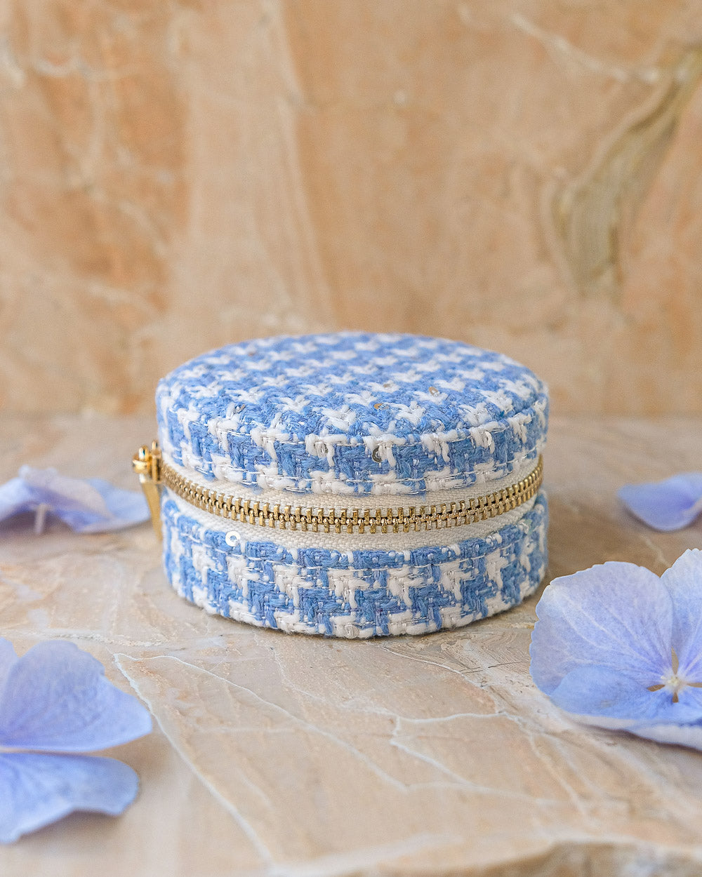 Boîte à bijoux Maison Scarlett, Modèle Yvonne, pied de poule bleu clair , boîte à bijoux de voyage , Boîte de rangement bijoux, A emporter dans son sac ou sa valise