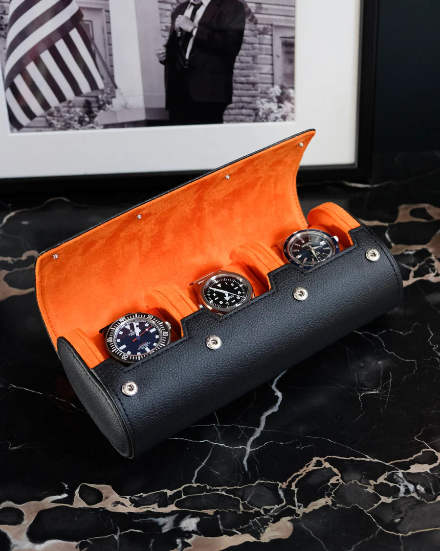 Boîte à montres James Maison Scarlett, orange et noir, 3 emplacements, Boite à montres, boite à bijoux pour homme, Boites à bjioux 2 montres, boites à bijoux 3 montres, Idée cadeau pour homme, idée cadeau fête des père, cadeau utile pour les hommes