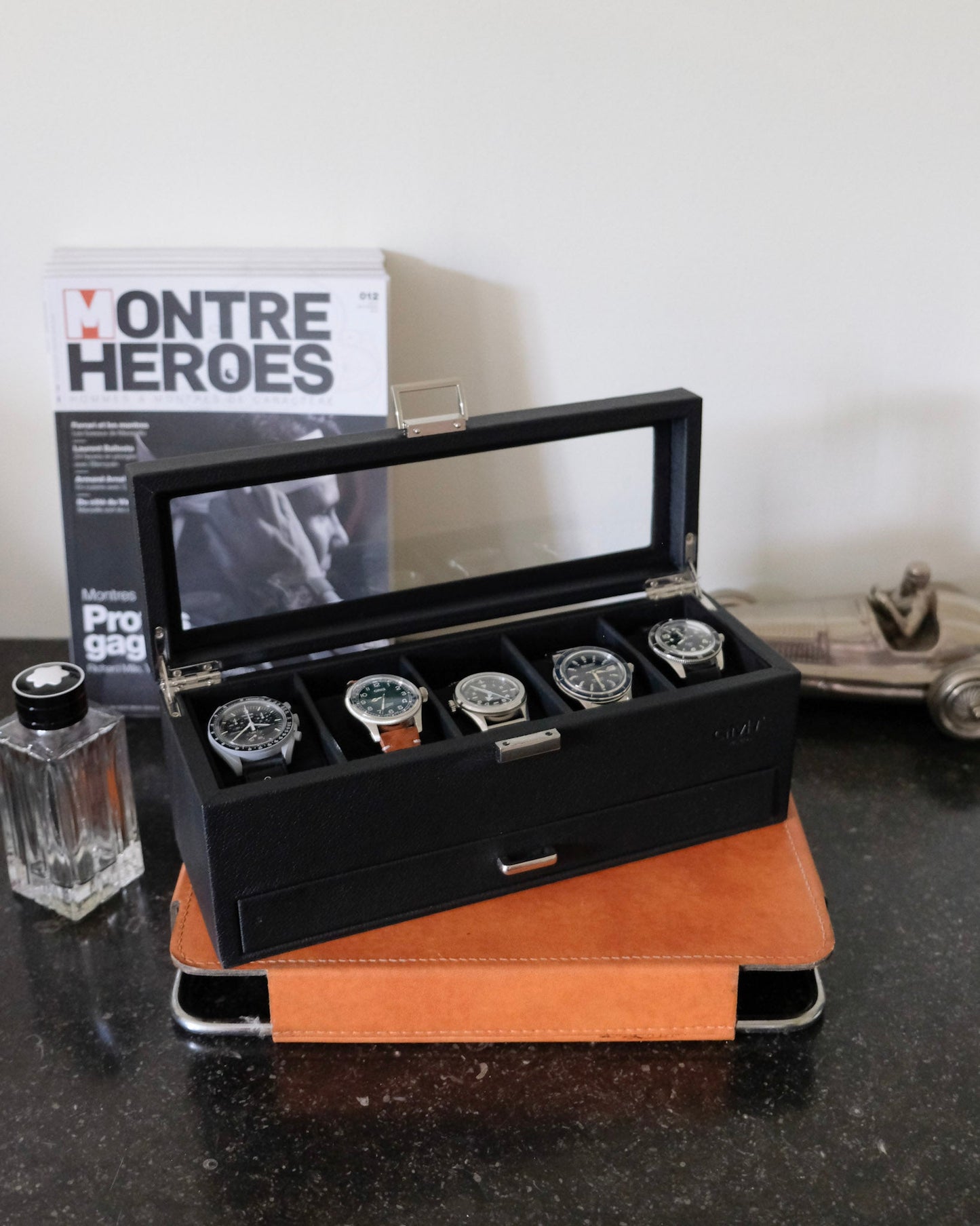 Boîte à montres Jean Maison Scarlett, Cuir noir, Boîte à montres et bracelets, Rangement pour montres. Protection pour montres. Idées de cadeaux pour hommes 