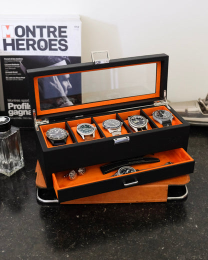 Boîte à montres Jean Maison Scarlett, Cuir noir et orange, Boîte à montres et bracelets, Rangement pour montres. Protection pour montres. Idées de cadeaux pour hommes