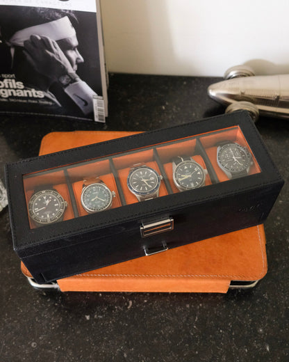 Boîte à montres Jean Maison Scarlett, Cuir noir et orange, Boîte à montres et bracelets, Rangement pour montres. Protection pour montres. Idées de cadeaux pour hommes