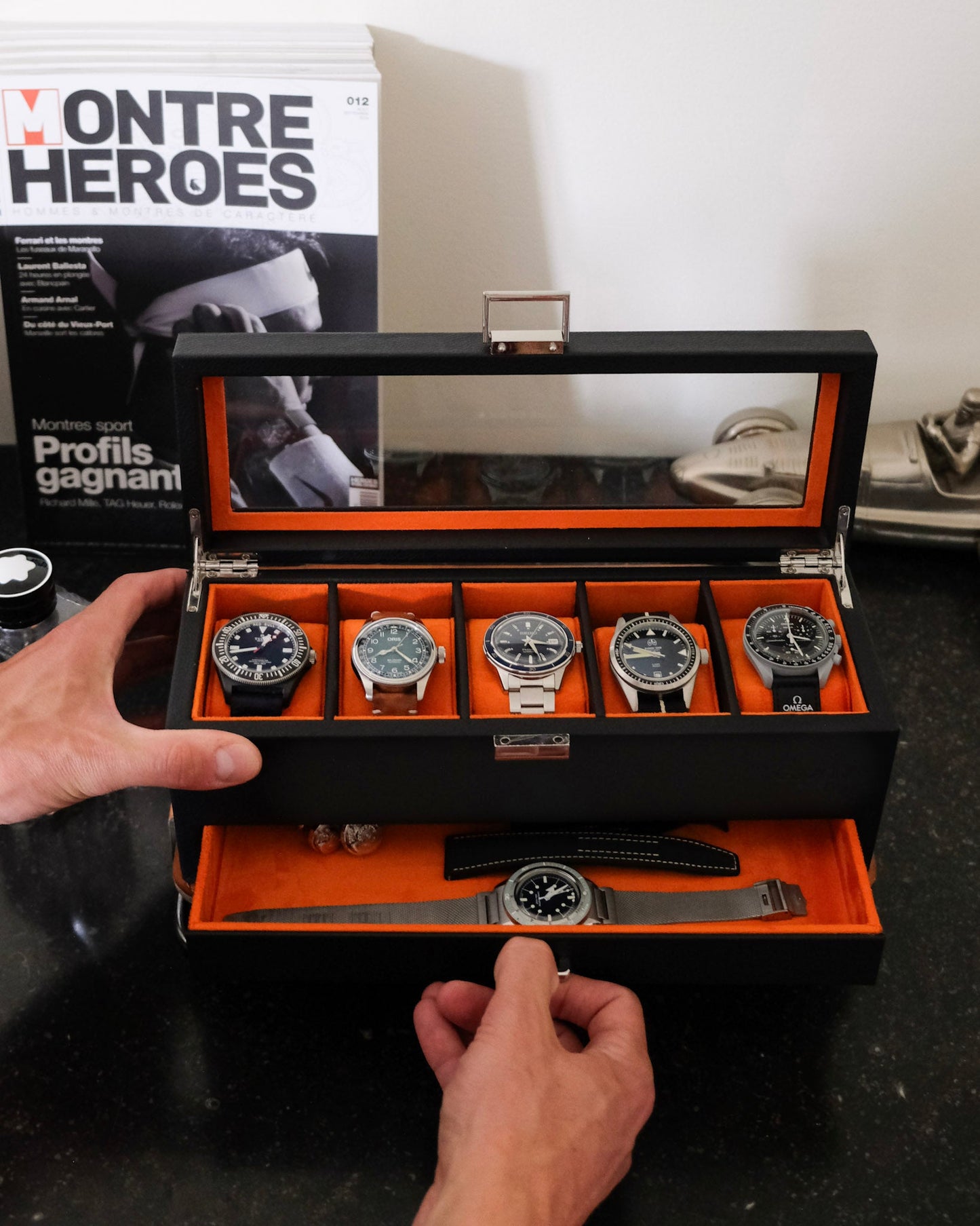 Boîte à montres Jean Maison Scarlett, Cuir noir et orange, Boîte à montres et bracelets, Rangement pour montres. Protection pour montres. Idées de cadeaux pour hommes