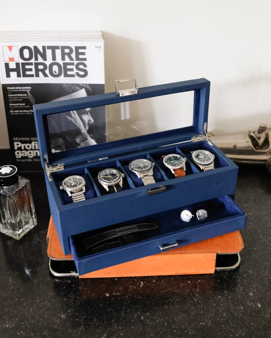 Boîte à montres Jean Maison Scarlett, bleu marine, 5 emplacements, boites à bijoux pour hommes, rangement montres, rangements bijoux pour hommes, idée cadeau homme, idée cadeau fête des pères