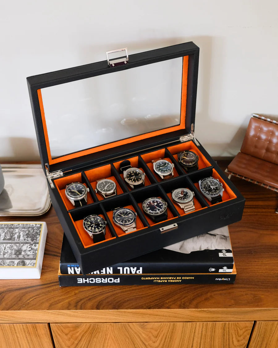 Boîte à montres Jean Maison Scarlett, orange et noir, 10 emplacements, boites à bijoux pour hommes, rangement montres, rangements bijoux pour hommes, idée cadeau homme, idée cadeau fête des pères