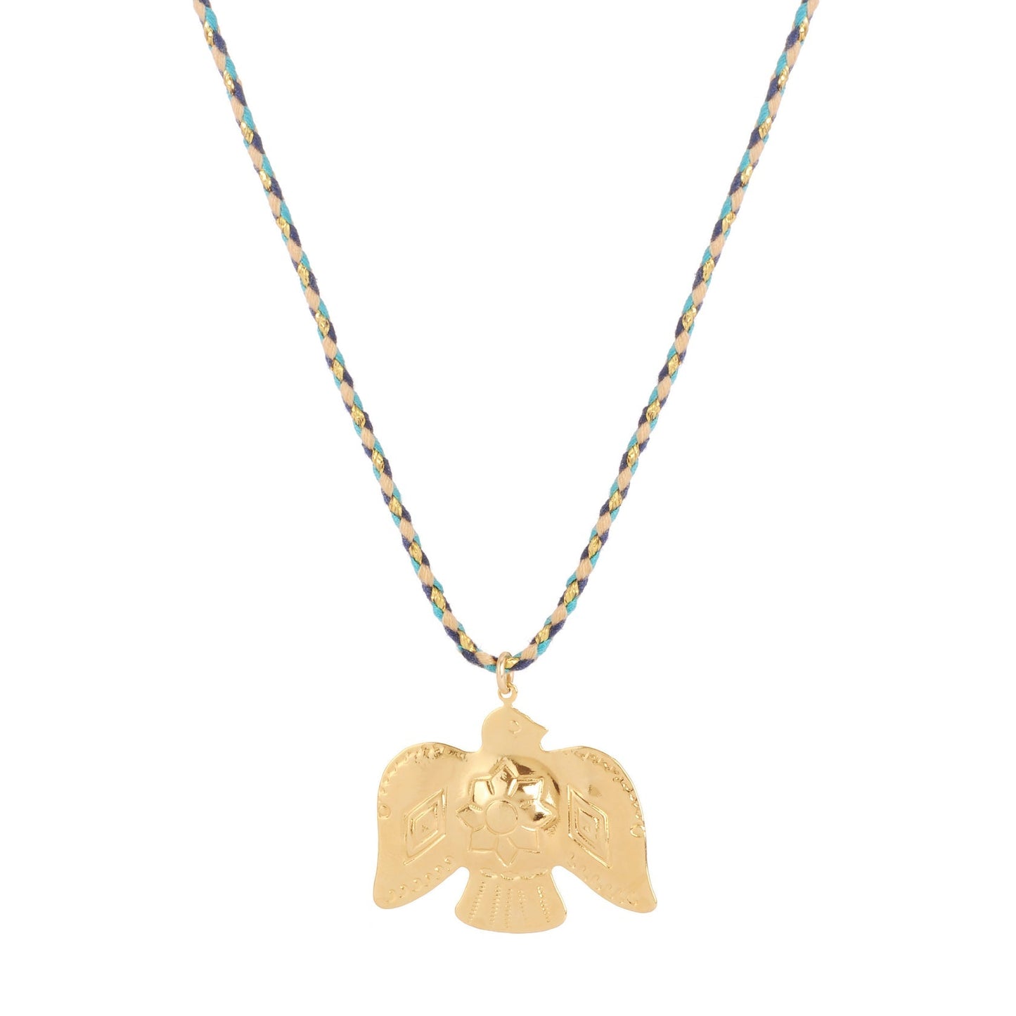 Collier Phénix sur fil bleu Intuitu, Collier oiseau, collier créateur français, bijoux créateur français, Collier Phénix Intuitu, Collier réglable, Collier avec pendantif, Collier créateurs parisien, Collier avec cordon colorés