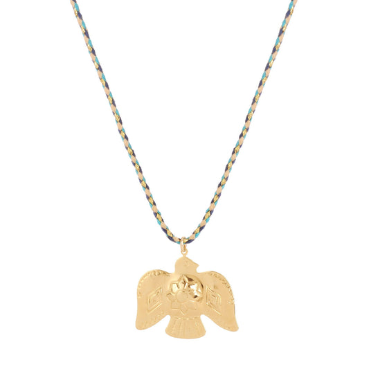 Collier Phénix sur fil bleu Intuitu, Collier oiseau, collier créateur français, bijoux créateur français, Collier Phénix Intuitu, Collier réglable, Collier avec pendantif, Collier créateurs parisien, Collier avec cordon colorés