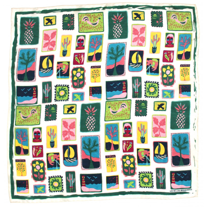 Mini carré de soie Postcard, carré de soie Les belles vagabondes, carré de soie à motif, carré en soie vacances d'été, carré en soie d'été, carré en soie prune, carré en soie vert, carré en soie motif original, accessoire pour cheveux, différentes façons de porter le foulard, différentes façons de porter le carré de soie