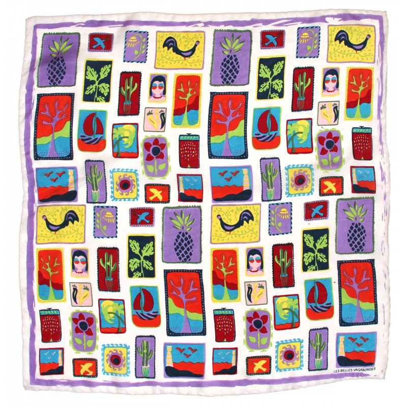 Mini carré de soie Postcard, carré de soie Les belles vagabondes, carré de soie à motif, carré en soie vacances d'été, carré en soie d'été, carré en soie prune, carré en soie violet, carré en soie motif original, accessoire pour cheveux, différentes façons de porter le foulard, différentes façons de porter le carré de soie