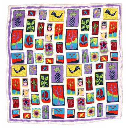 Mini carré de soie Postcard, carré de soie Les belles vagabondes, carré de soie à motif, carré en soie vacances d'été, carré en soie d'été, carré en soie prune, carré en soie violet, carré en soie motif original, accessoire pour cheveux, différentes façons de porter le foulard, différentes façons de porter le carré de soie