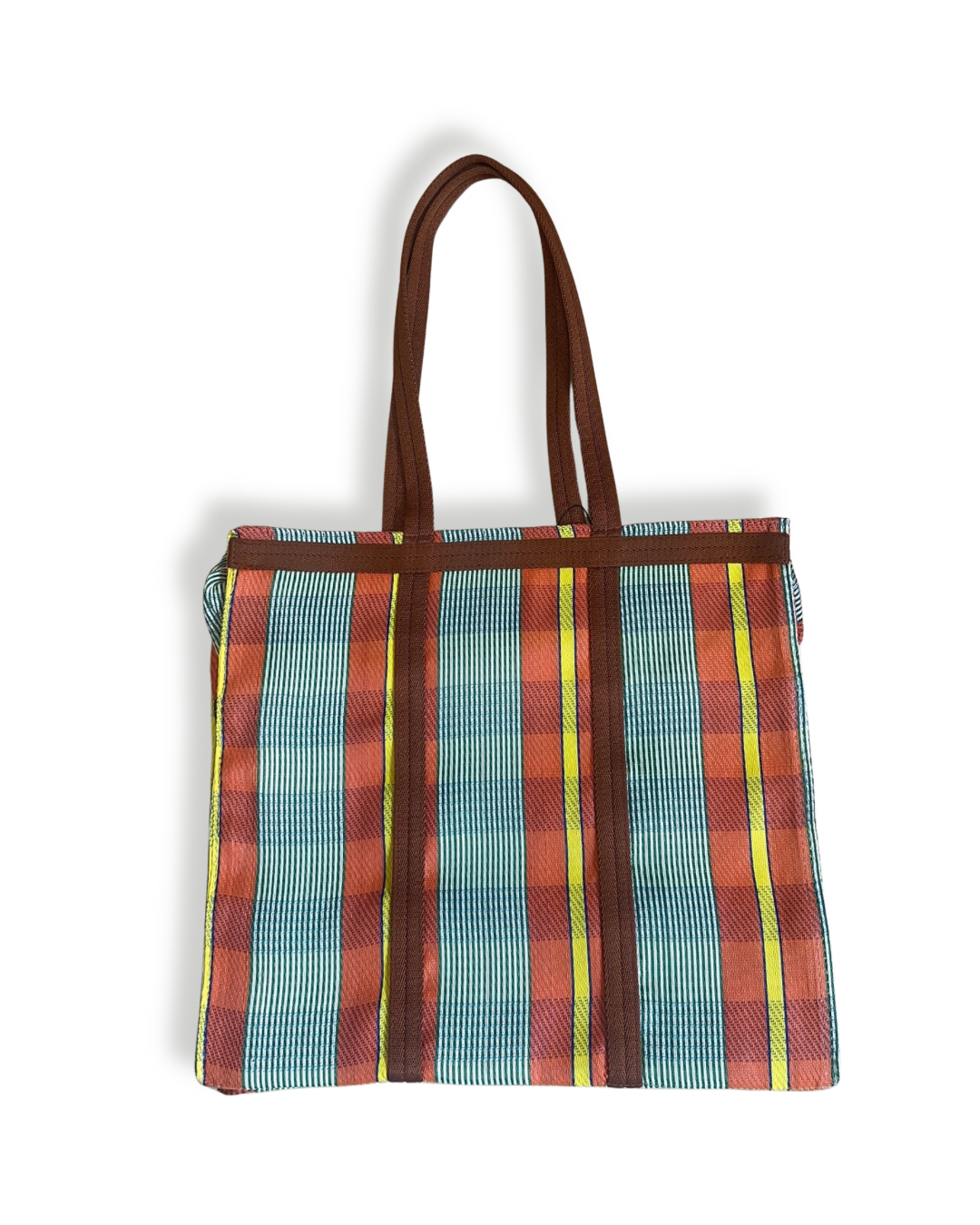 Sac carré - Plastique recyclé Babachic - sac format carré -  sac avec anses -  sac qui se porte à l'épaule - sac vintage -  sac rayé - Sac pour le marché - sac unique - sac en plastique recyclé - sac orange et jaune
