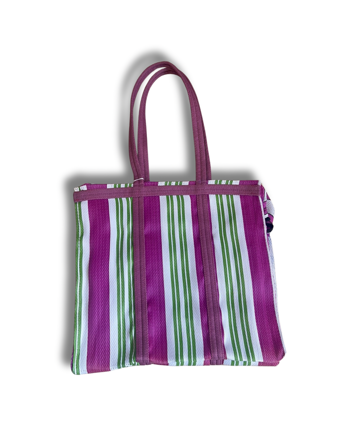 Sac carré - Plastique recyclé Babachic - sac format carré -  sac avec anses -  sac qui se porte à l'épaule - sac vintage -  sac rayé - Sac pour le marché - sac unique - sac en plastique recyclé - sac rose et vert
