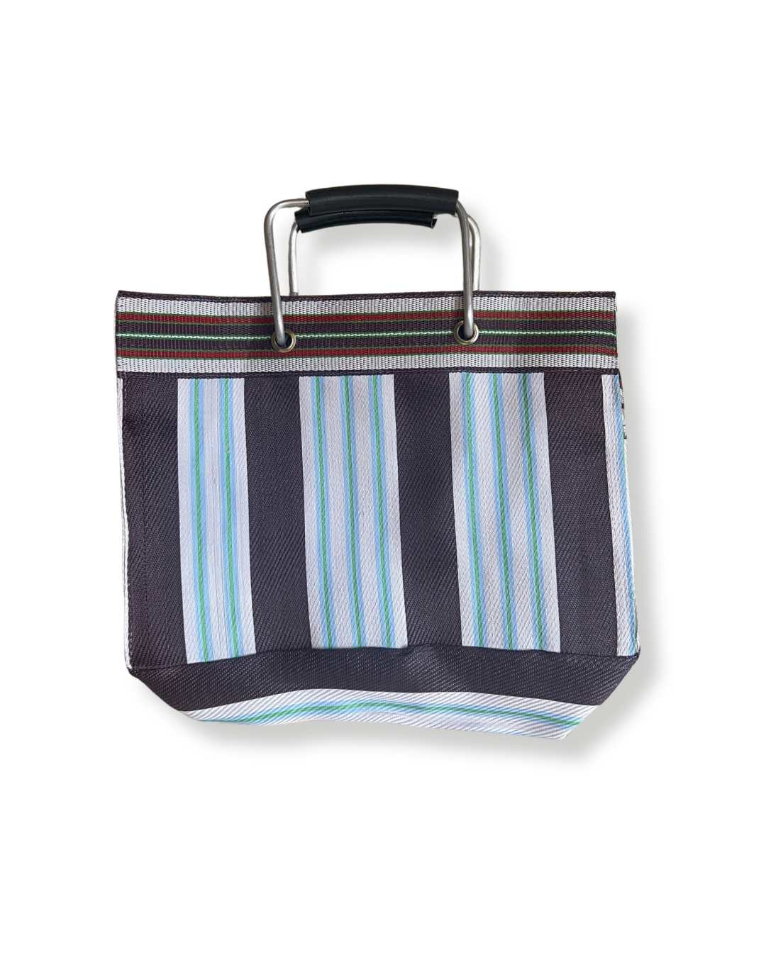 Sac vintage babachic - sac vintage en plastique recyclé -  sac vintage année 80 - sac coloré - sac de marché - sac de vacance - sac originale - sac avec anses - sac qui se porte à la main - sac bleu clair et marron